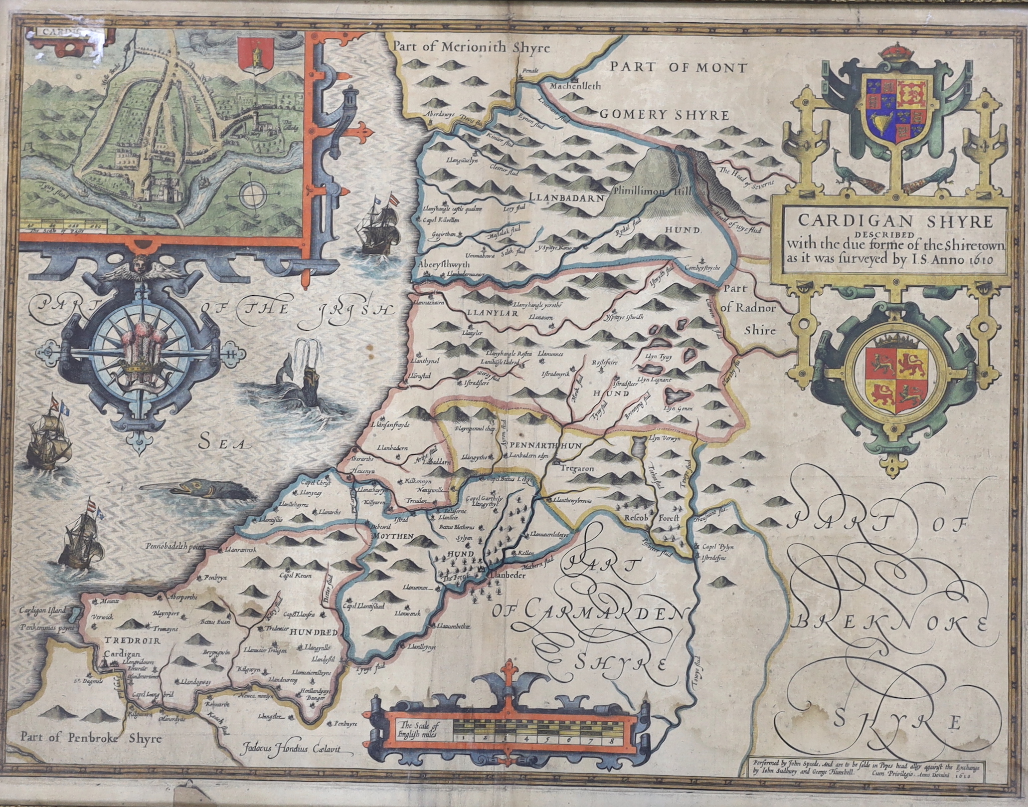 John Speed (1552-1629), hand coloured map of Cardiganshire, described with the due form of the Shiretown as it was surveyed by IS, Anno 1610, sold by John Sudbury and George Humbell, 41 x 52cm